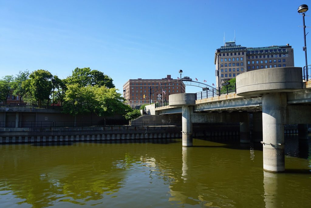 The Flint River viewed from beside the Saginaw Street bridge.